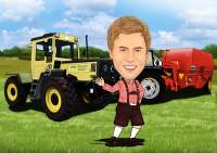 Fröhlicher Bauer mit seinen Fahrzeugen